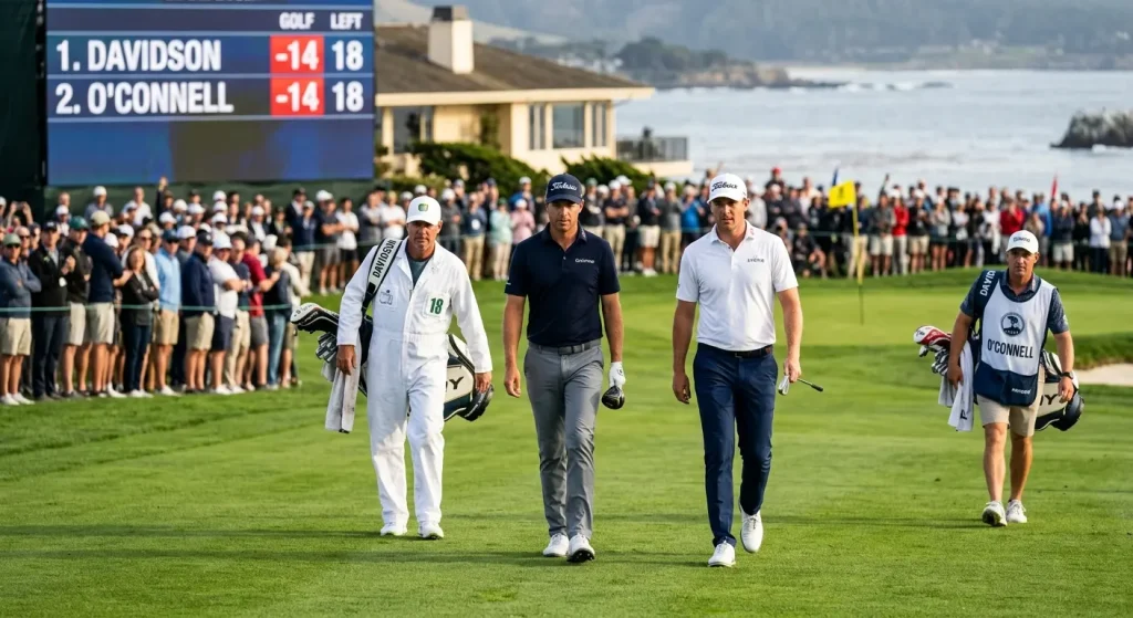 Two golfers competing head-to-head walking down the 18th fairway