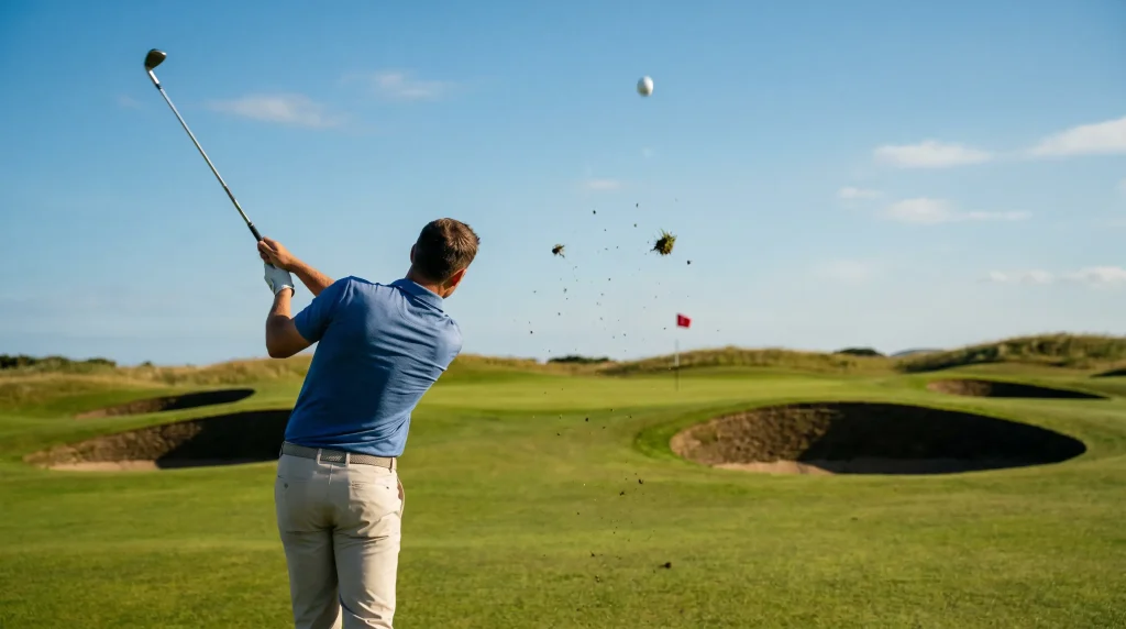 Golfer hitting an approach iron shot toward the green, illustrating SG: Approach importance
