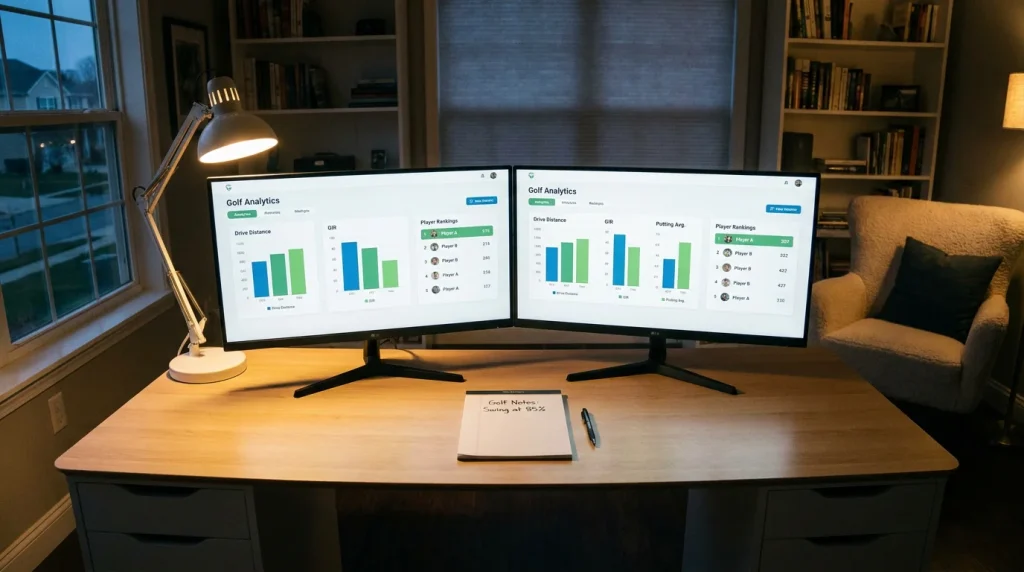 Golf data analytics platform showing strokes gained rankings and course-fit filters
