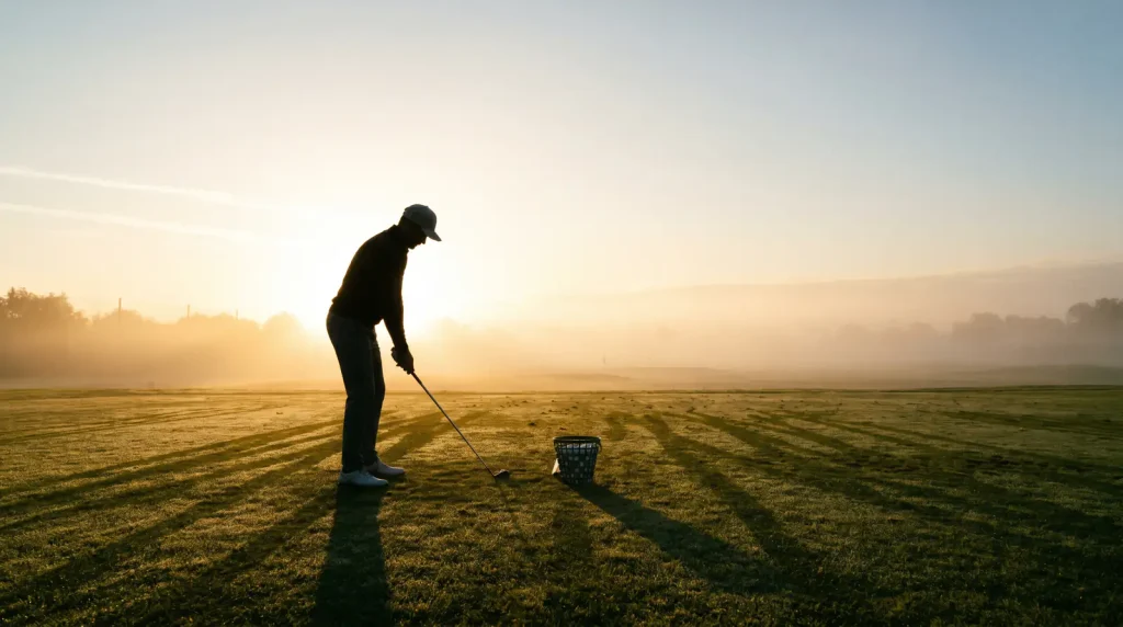 Golfer practising on the range, representing the gap between sample data and live performance