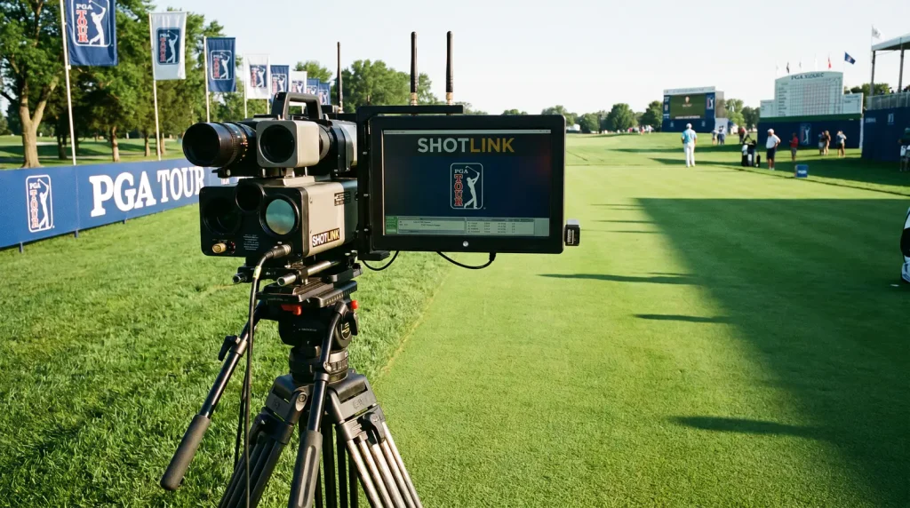 ShotLink laser tracking system positioned beside a PGA Tour fairway
