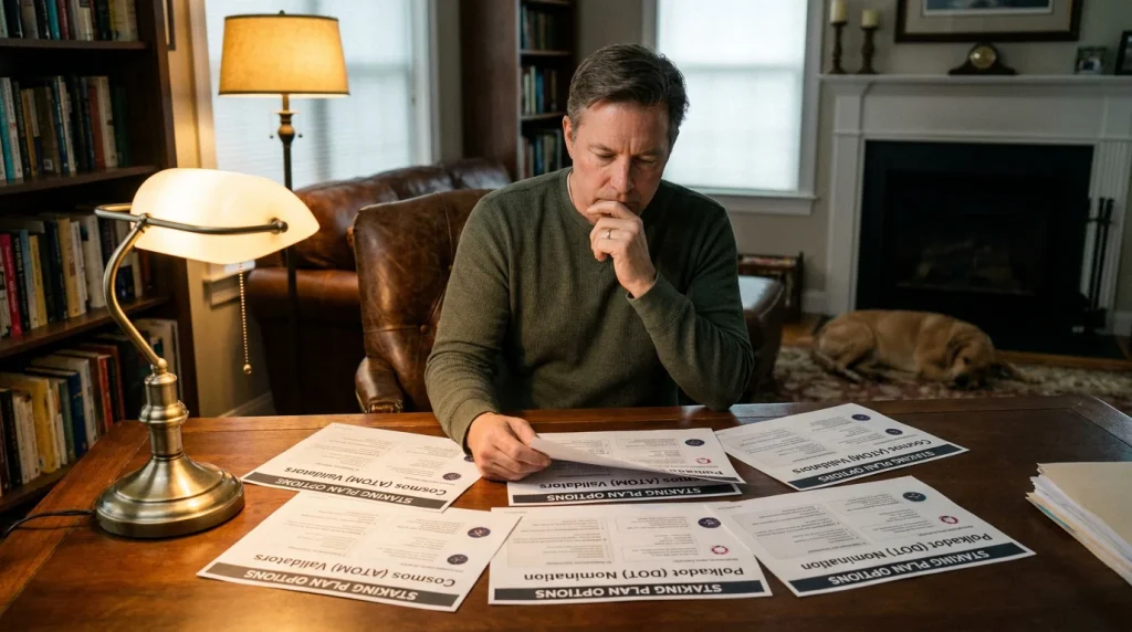 Punter thoughtfully reviewing staking options in a quiet study