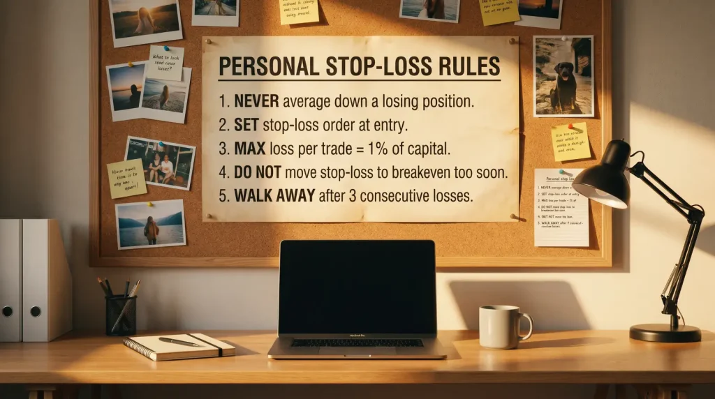 Handwritten stop-loss rules pinned above a desk beside a laptop