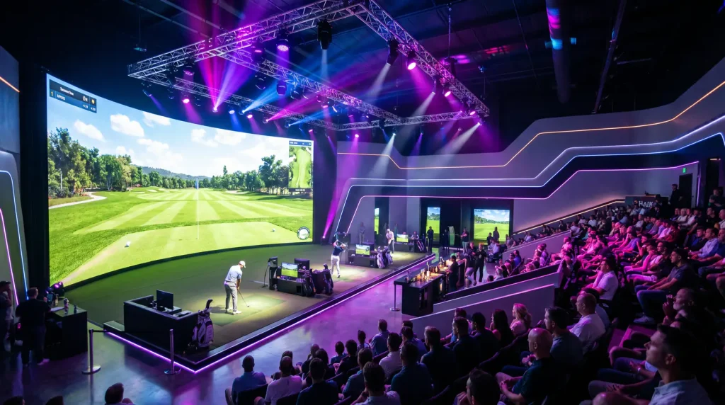 Indoor golf simulator arena with a large screen showing a virtual fairway