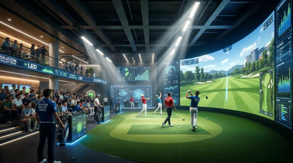 TGL team players competing inside the high-tech SoFi Center simulator venue