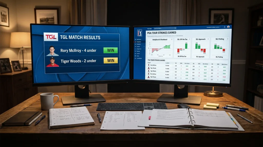 Dual-screen setup showing TGL match stats alongside PGA Tour strokes gained data