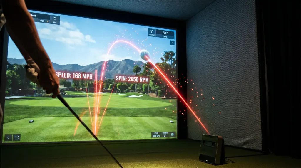 Close-up of a high-definition golf simulator screen tracking ball flight data