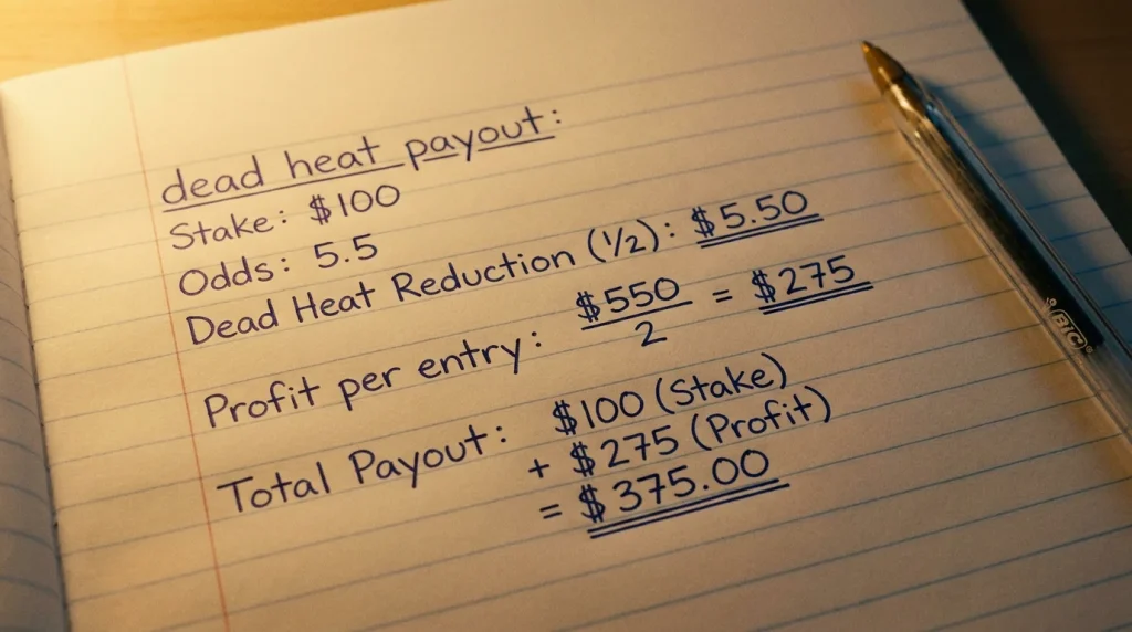 Handwritten calculation showing dead heat payout reduction step by step