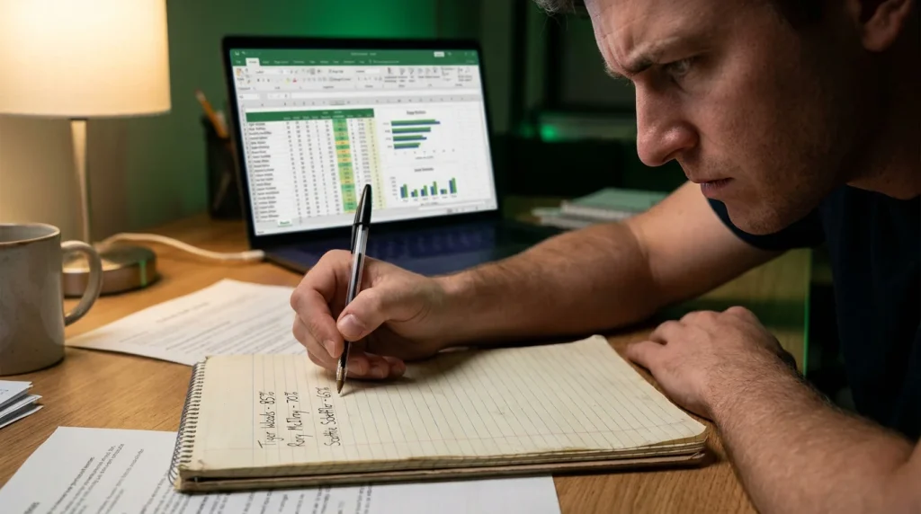 Punter writing probability estimates beside golfer names in a notebook