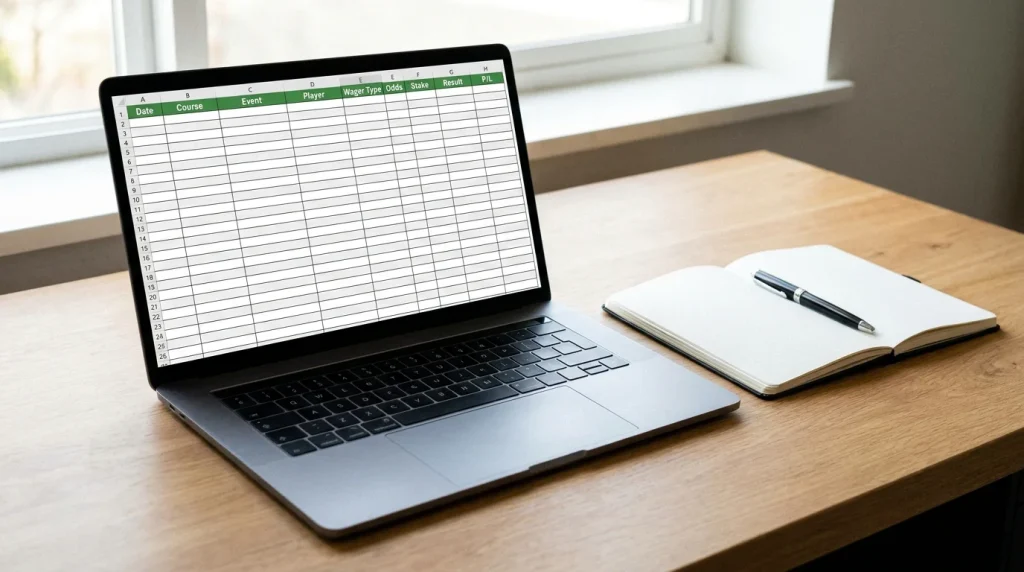 Fresh golf betting tracking spreadsheet template open on a laptop screen