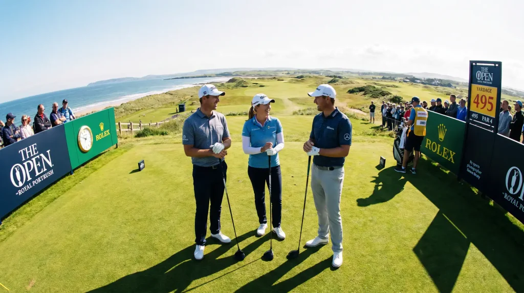 Three golfers grouped together on a tee box during a tournament round