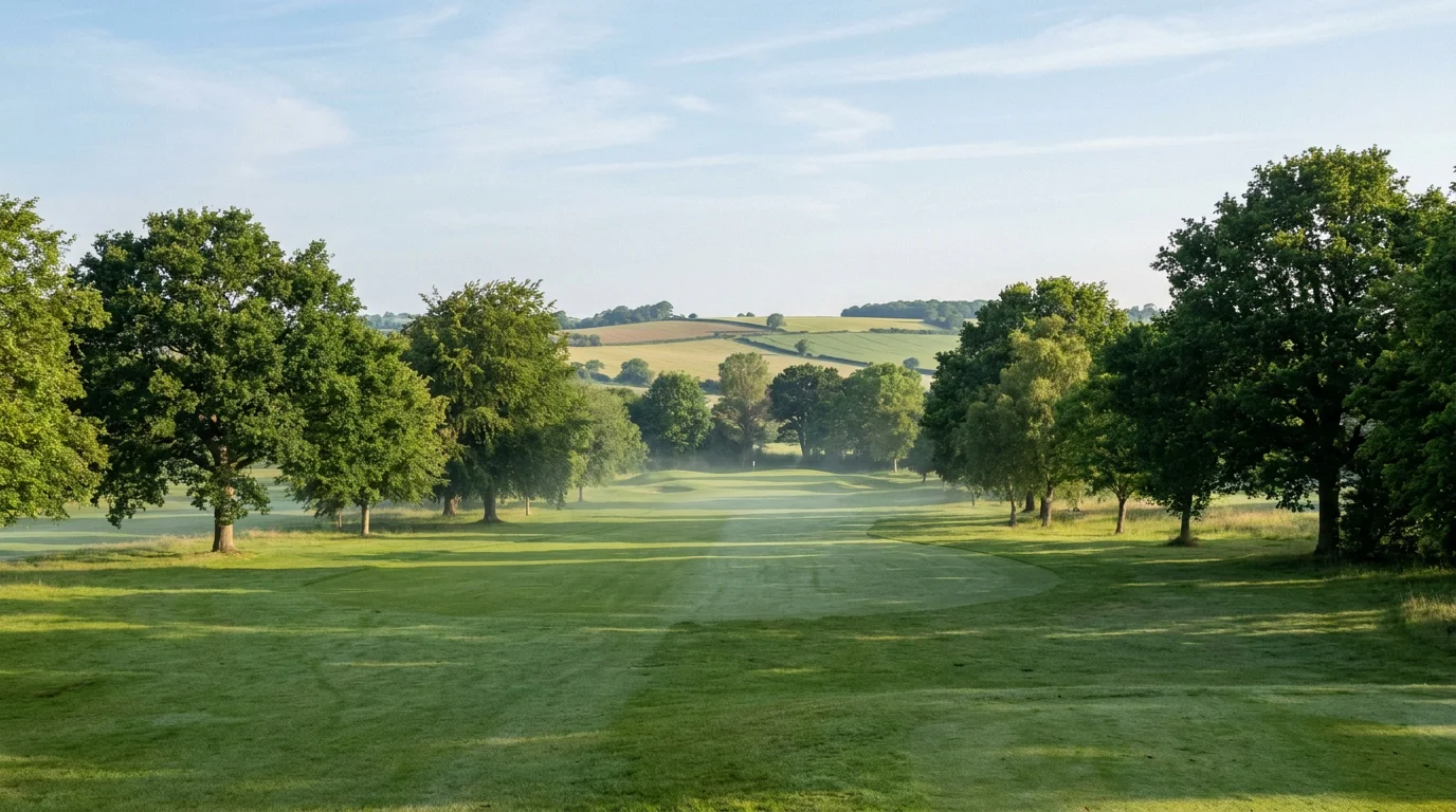 Manicured English golf course with rolling green hills and mature oak trees lining the fairway