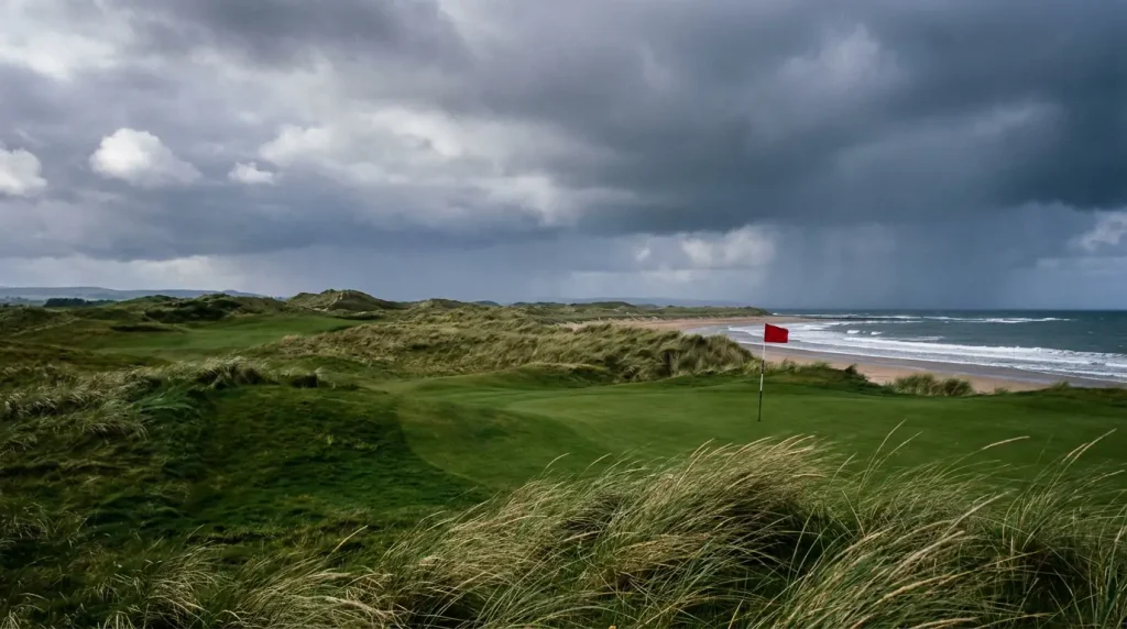 Unpredictable leaderboard at a links golf course during windy conditions