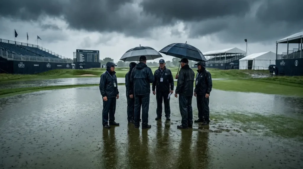 Tournament officials inspecting a waterlogged golf course during a rain delay