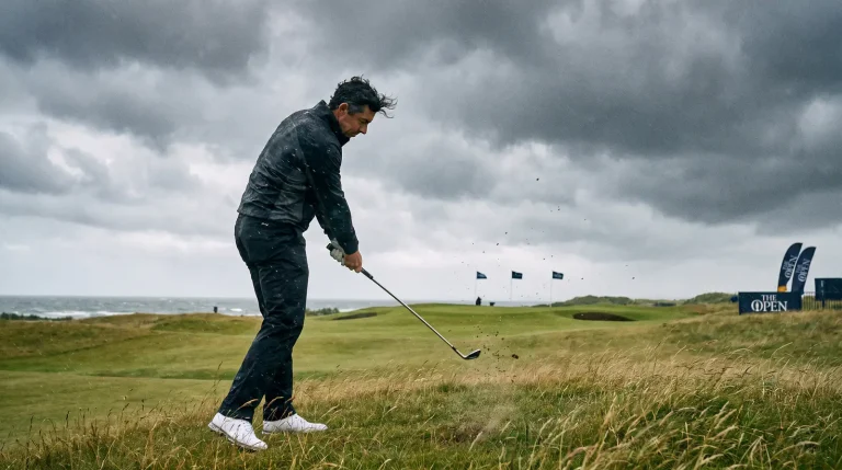 Golfer playing an approach shot in windy conditions with clouds overhead