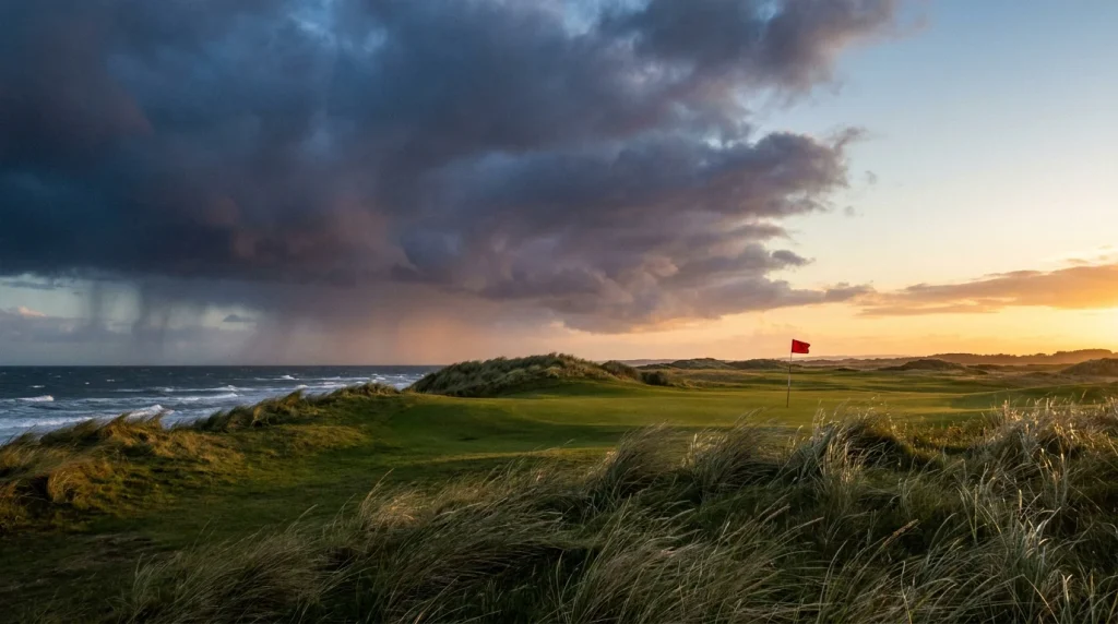 Golf course with shifting weather conditions that trigger odds movement in betting markets