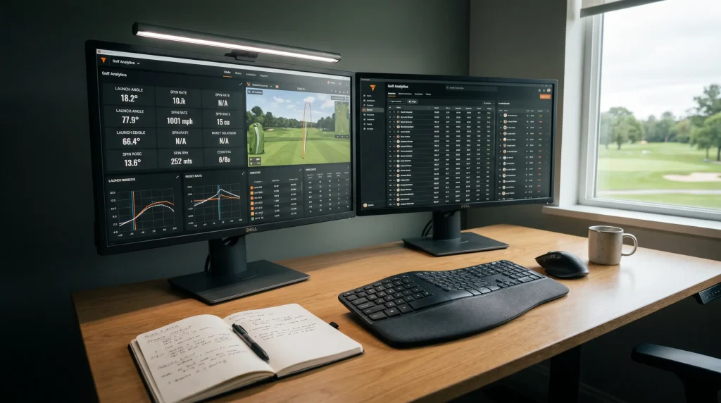 Desktop setup with dual monitors showing golf data analysis tools