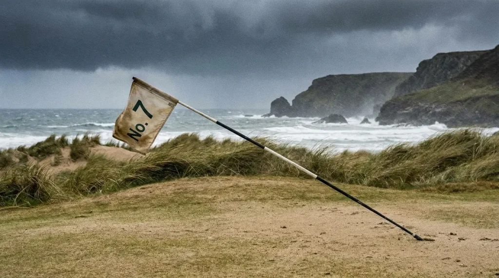 Flag on a golf green bending sharply in strong wind